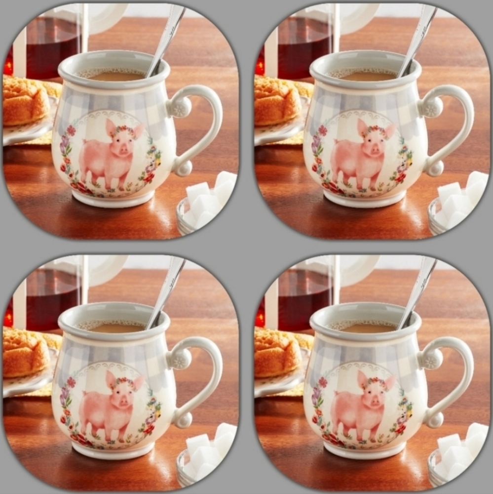 New Pioneer Woman Gingham Novelty Pig Decal 4-Piece Mug Set